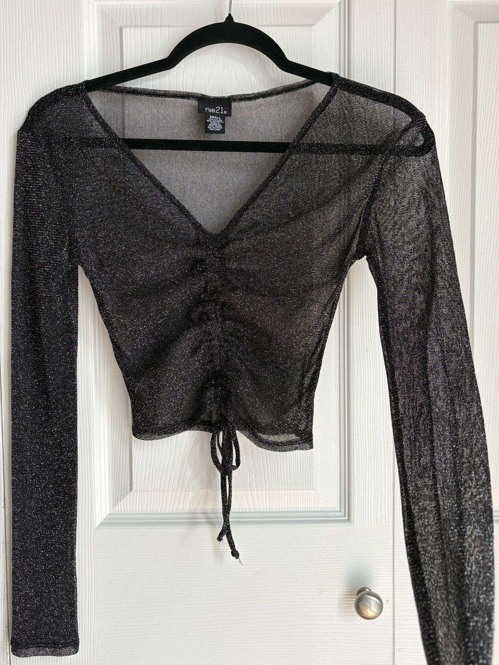 Rue21 Black Sheer Mesh Ruched Crop Top Long Sleeve Y2K Style Clubwear Small